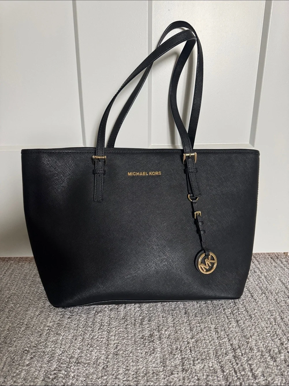 Michael Kors Black Leather Tote with Gold Logo Charm